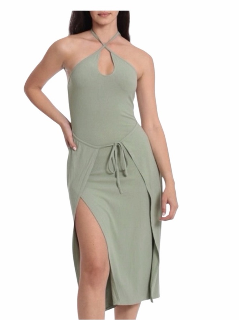 Avec Les Filles Ribbed Sage Green Halter dress
